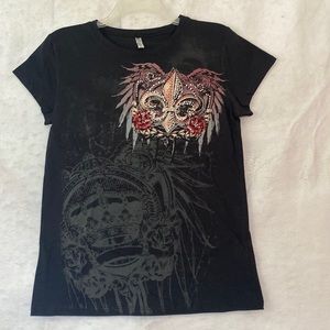 Black Rhinestone Crew Neck Tee With Wings Roses And Fleur De Lis